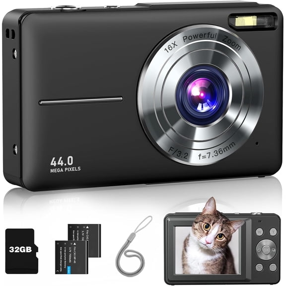 Digital Camera, Lecran FHD 1080P Kids Camera 44MP with 32GB Card, 2 Batteries, Lanyard, 16X Zoom Anti Shake, Compact Portable Small Point Shoot Camera for Kids Student Children Teens Girl Boy(Black)