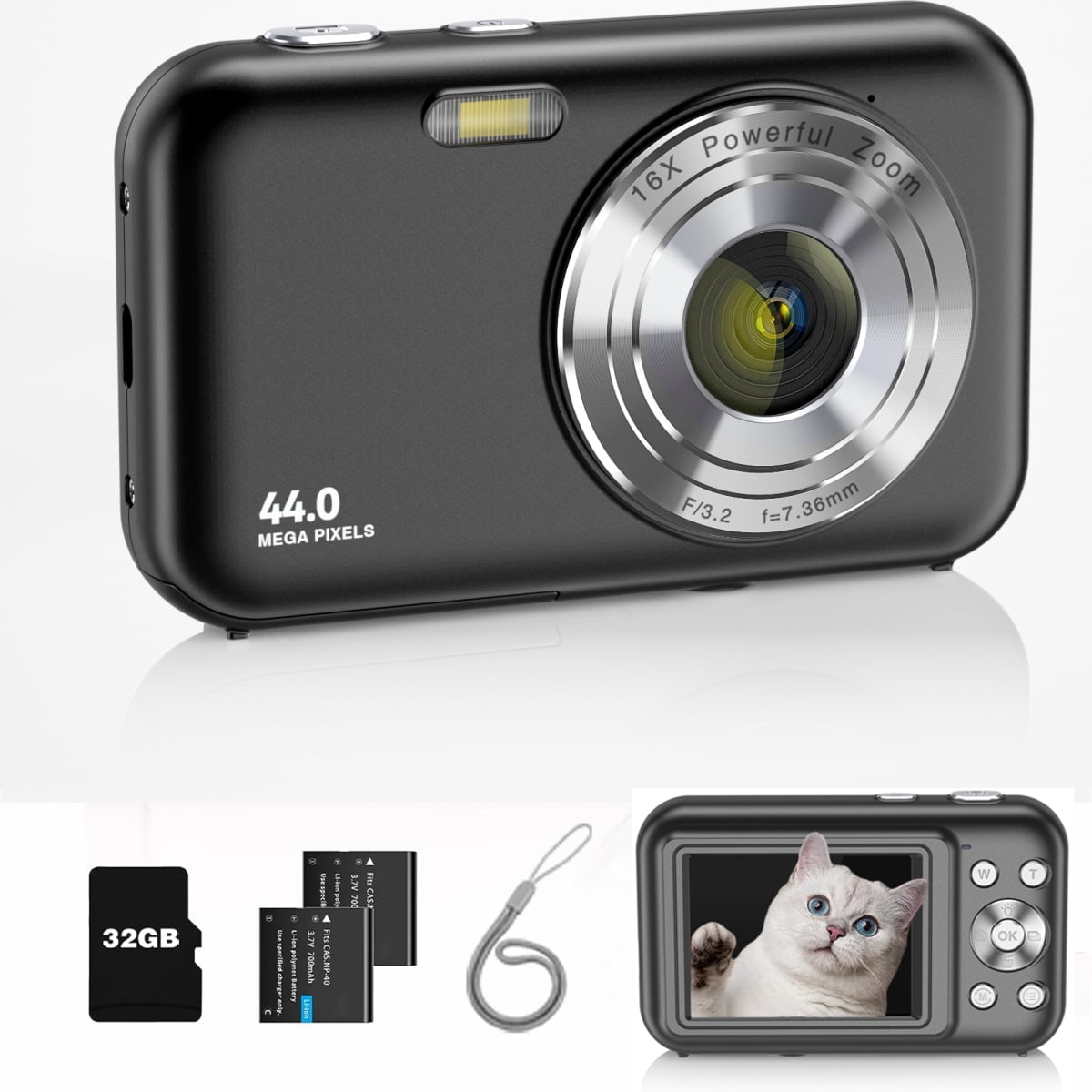 Digital Camera Newest 1080P Digital Camera for Kids with 32GB Card Anti-Shake, Portable Point and Shoot Camera Fill Flash 16X Zoom, Small Camera