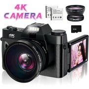 Digital Camera for Photography, 4K 48MP Vlogging Camera for YouTube with WiFi, 3-inch 180-degree Flip Screen, 16X Digital Zoom, 52mm Wide Angle & Macro Lens, 32GB TF Card and 2 Batteries