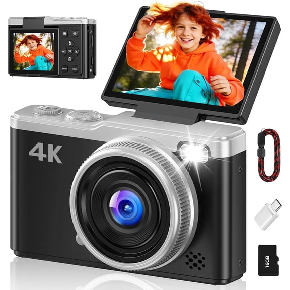 Digital Camera for Photography, 64MP & 2.4'' Vlogging Camera for YouTube,180? Flip Screen Point and Shoot Digital Cameras with 16GB SD Card for Teenager Adult Beginner