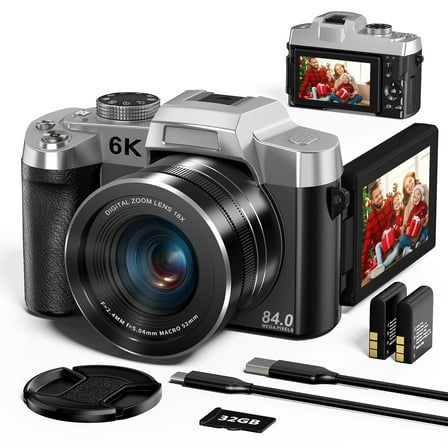 Saneen 6K Digital Camera for Photography 84MP Vlogging Camera with 3'' 180°Flip Touch Screen 18X Zoom 32GB SD Card Autofocus Video Cameras Black