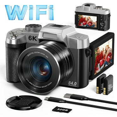 Saneen Digital Camera for Photography 6K 84MP Vlogging Camera with 3''180°Flip Touch Screen 18X Zoom 32GB SD Card Autofocus Video Cameras Black