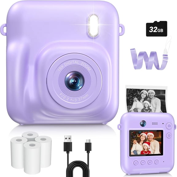 Digital Camera for Print, 48MP Dual-Lens Camera for Girls Boys Christmas Birthday Gifts, 1080P Video Selfie Cameras, Portable for 4-12 with 32GB Card-Purple