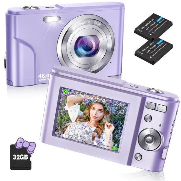 Digital Camera Rechargeable w/ 32GB TF Card, 1080P Video 48MP Fun Retro Filters 16X Zoom Date LED Fill Light, Entry Level Point and Shoot Camera (Purple)