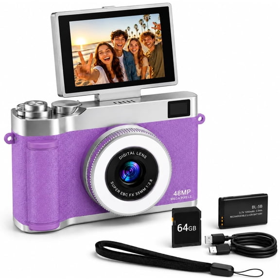 Digital Camera for Teens with 180 Flip Screen, 48MP Point and Shoot Camera, Y2K CCD Camera with Fill Light & SD Card, Selfie Vlogging Camera for Beginners