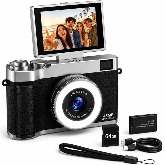 Digital Camera for Teens with 180 Flip Screen, 48MP Point and Shoot Camera, Y2K CCD Camera with Fill Light & SD Card, Selfie Vlogging Camera for Beginners