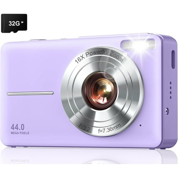 Digital Camera, Upgraded FHD 1080P 44MP Point & Shoot 2.4'' Portable kids Camera with 16X Zoom Anti Shake 32GB Card for Student Children Teen Girl(Purple)