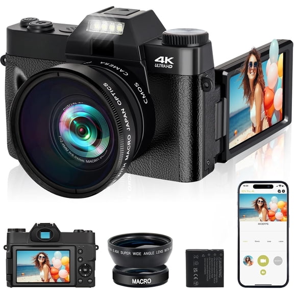Digital Camera for Photography, 4K 48MP Anti-Shake WiFi Vlogging Video Camera, 3-inch 180? Flip Screen, 16X Digital Zoom, Wide Angle & Macro Lens and