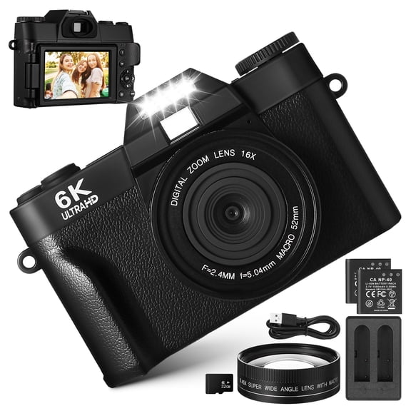 Digital Cameras for Photography and Vlogging, 6K 64MP Flip Screen, Use with LED Light