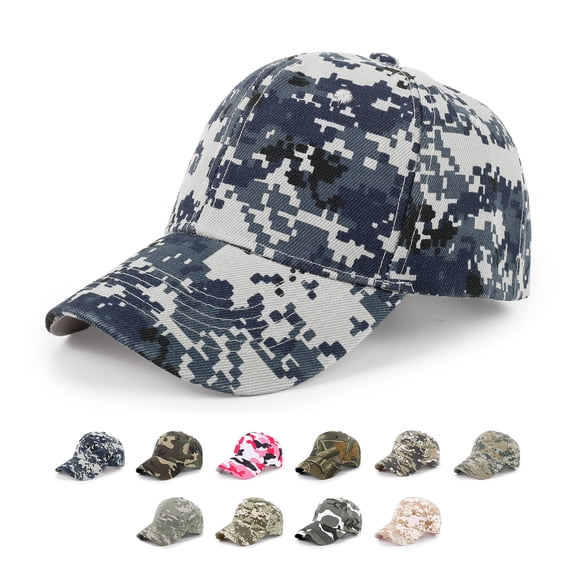 Digital Camo Baseball Cap with Tactical Military Design and Adjustable Strapback Featuring Pixelated Pattern in Blue Grey Pink Green Desert and Woodland J