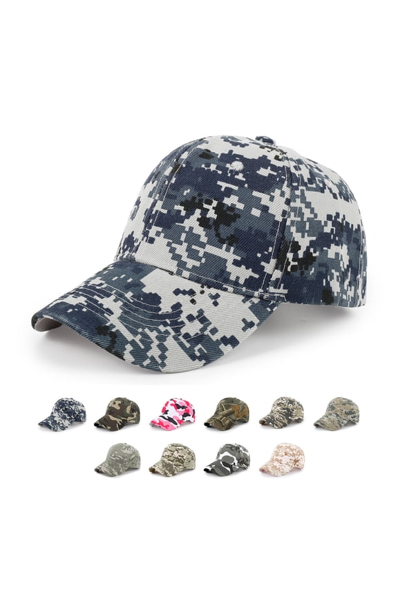Digital Camo Baseball Cap with Tactical Military Design and Adjustable Strapback Featuring Pixelated Pattern in Blue Grey Pink Green Desert and Woodland J