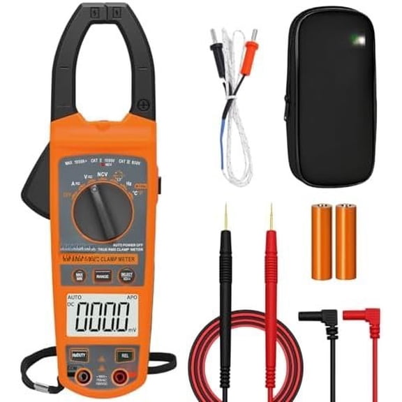 Digital Clamp Meter Multimeter 1000A Amp Voltmeter, Auto-Ranging TRMS with Backlit LCD & NCV; Measures , Current, Temp, Duty Cycle, Capacitance, Frequency