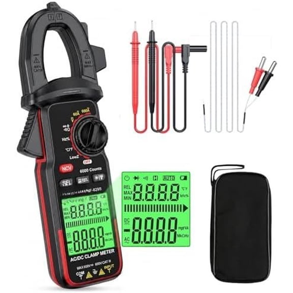 Digital Clamp Meter Multimeter 6000 Counts TRMS, Clamp Multimeter Tester for 600V , High AC Current, Capacitance, Diode Test, Continuity Test, Temperature, Frequency Duty Cycle