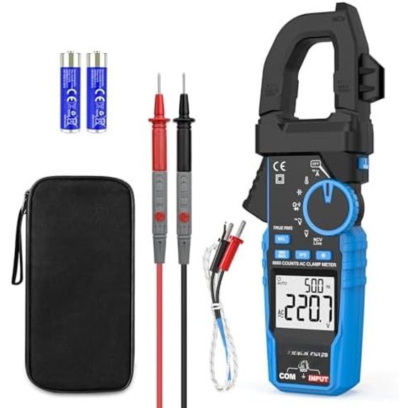 Digital Clamp Meter Multimeter - Auto-ranging 6000 Counts Amp Tester with D-Shaped Jaw VFD Mode, Measuring NCV, AC Current Temperature Capacitance Resistance Continuity