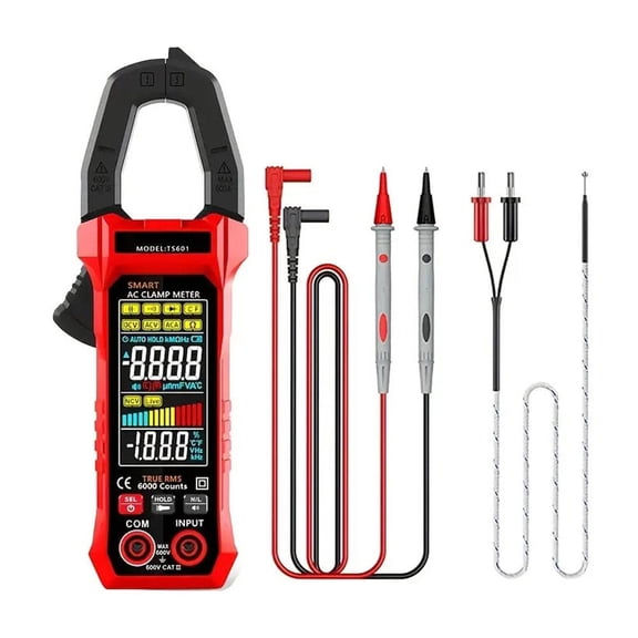 Digital Clamp Multimeter with 6000 Counts, TRMS Ampere Voltage Tester with Automatic Range, Capable of Testing AC/DC Voltage, AC Current, Resistance, Capacitance, Continuity, and Live Wire NCV- Red