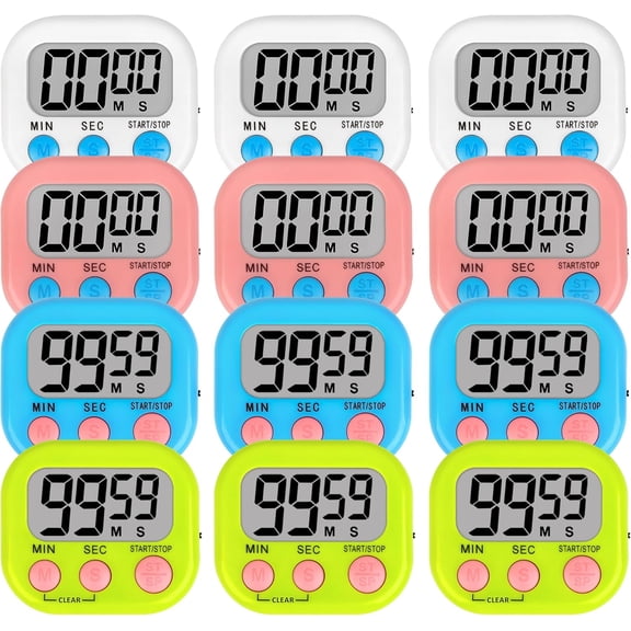 Digital Classroom Timers for Teachers Kids School Supplies Bulk with Magnetic Back 12 Pack, White Pink Blue Green