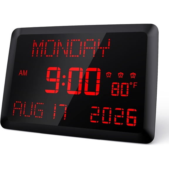Digital Clock, 11.5" Large Display Calendar Clock with Day and Date, Indoor Temperature, Adjustable Brightness, Snooze,12/24H, DST for Home, Office, Elderly