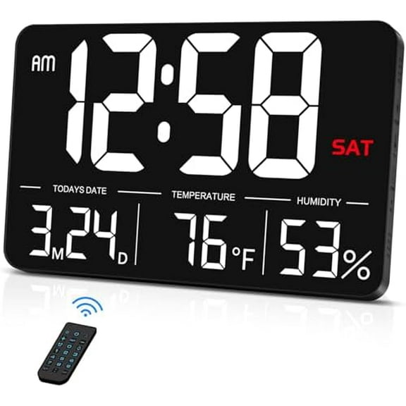 Digital Clock,13" Large Display Digital Wall Clock, Adjustable Brightness Calendar Clock with Day and Date,DST,Alarms,Humidity, Temperature for Desk, Wall Mounted, for Elderly