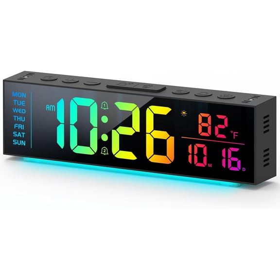 Digital Clock, Alarm Clock for Bedroom, Digital Wall Clocks for Classroom, Living Room Decor, Desk Clock Large Display, 13 Number Display Colors, 12 Ambient Light Colors, Auto Dimming, DST (Black)