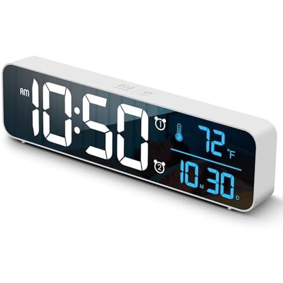 Digital Clock, Clock For Bedroom, Clocks For Living Room Decor, Desk Table Clock, Alarm Clock Large Display with Date Week Temperature, Automatic Brightness Dimmer, Smart Cool Modern (White Blue)