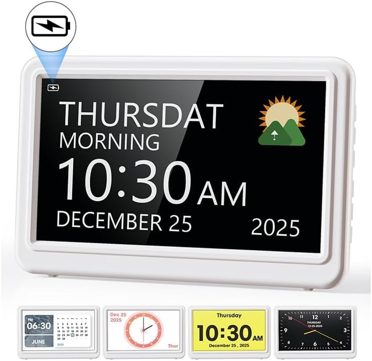 Digital Clock with Date and Day of Week, Dementia Clocks Battery Operated Alarm Clock with 20 Alarms and Medicine Reminders, 7" Large Display Rechargeable Desk Clock for Elderly Seniors Alzheimers