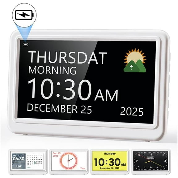 Digital Clock with Date and Day of Week, Dementia Clocks Battery Operated Alarm Clock with 20 Alarms and Medicine Reminders, 7" Large Display Rechargeable Desk Clock for Elderly Seniors Alzheimers