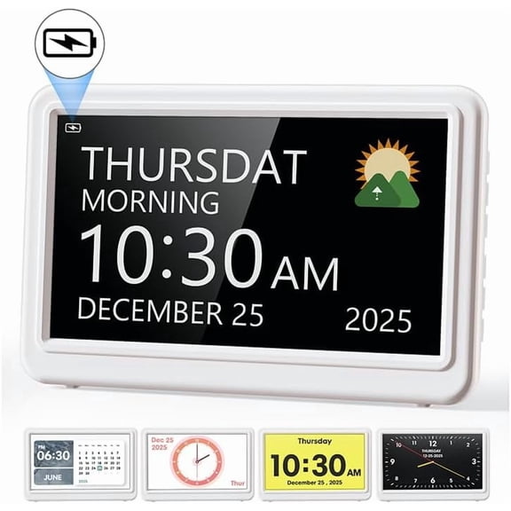 Digital Clock with Date and Day of Week, Dementia Clocks Battery Operated Alarm Clock with 20 Alarms and Medicine Reminders, 7" Large Display Rechargeable Desk Clock for Elderly Seniors Alzheimers
