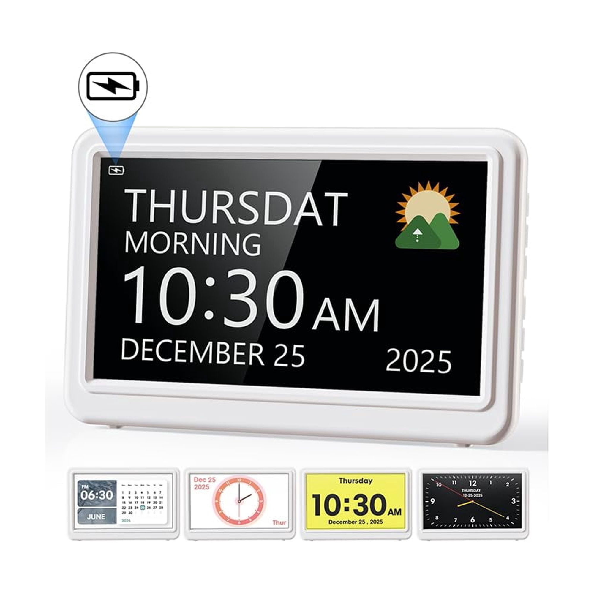 Digital Clock With Date And Day Of Week  Dementia Clocks Operated Alarm 20 Alarms Reminders 7" Large Display Desk For White (with Rechargeable Battery)