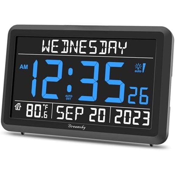 Digital Clock with Date and Day of Week - Large Calendar Clock for Seniors Elderly, Loud Alarm Clock for Bedroom Desk, Backlight Dimmer, Adjustable Volume, USB Port, Auto DST, Battery Backup