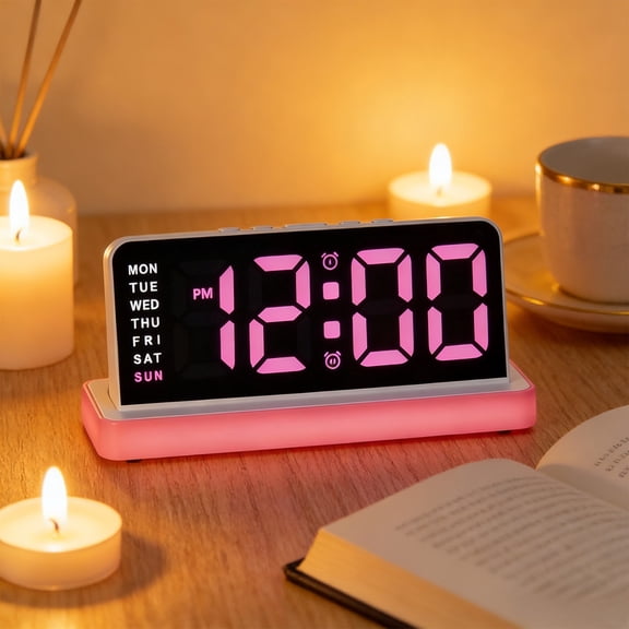 Digital Clock Large Display, 8" Large Digital Wall Clock for Classroom, Led Big Wall Clocks with Date,Week,Alarm,Night Light for Bedroom,Living Room,Gym,Office (Pink)