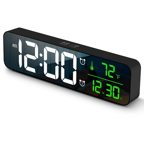Digital Clock Large Display, Alarm Clock for Living Room Office Bedroom Decor, LED Corded Electric, Date Temp Display Wall Clock, Automatic Brightness Dimmer Smart Cool Modern Desk Accessories Black