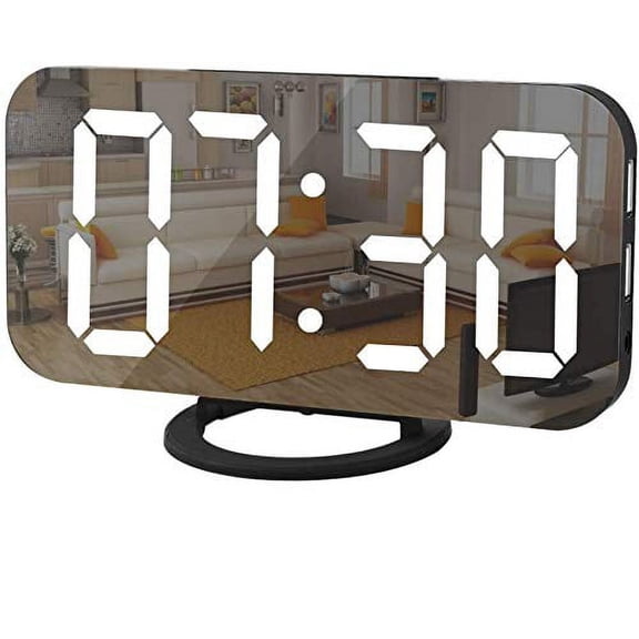 Digital Clock Large Display,LED Alarm Electric Clocks Mirror Surface for Makeup with Diming Mode,3 Levels Brightness,Dual USB Ports Modern Decoration for Home Bedroom Decor-Black