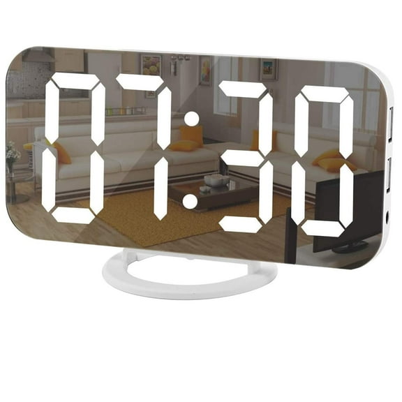 Digital Clock Large Display, LED Electric Alarm Clocks Mirror Surface for Makeup with Diming Mode
