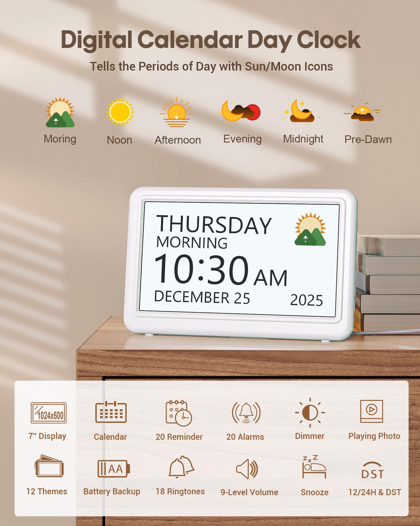 Digital Clock With Date And Week For Seniors  Alzheimer's Dementia 20 Alarms 6 Reminders Large Font Calendar Alarm Vision Impaired White (ac Powered)