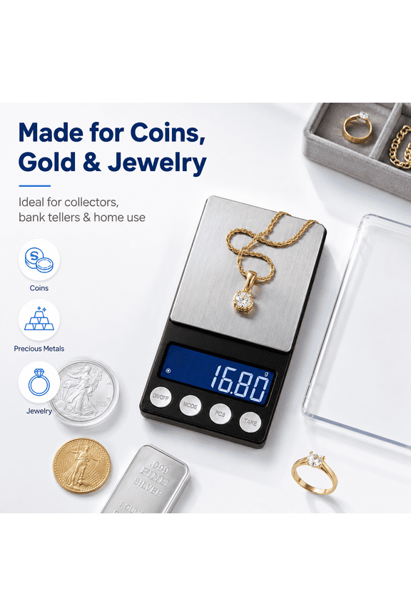 Digital Coin Scale, 200g x 0.01g Small Digital Scale with LCD Display, Jewelry Scale for Coins, Gold, Silver, Jewelry and Home Use, Includes Calibration Weight and Protective Cover