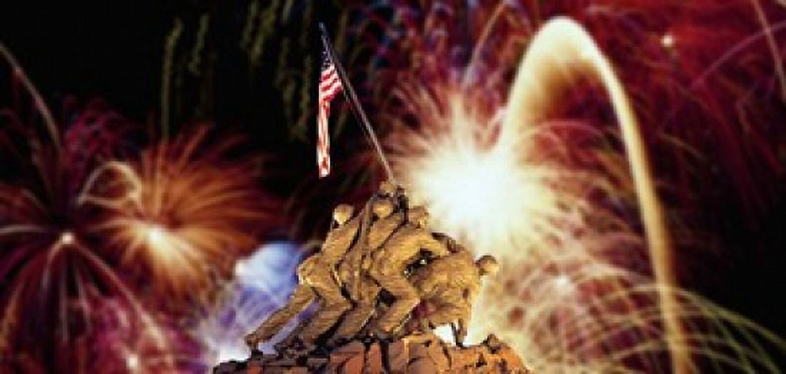 Digital Composite Fireworks Highlight the Marine Corps War Memorial Arlington Virginia USA Canvas Art - Panoramic Images (24 x 12)