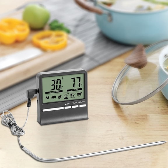 Digital Cooking Thermometer With 304 Stainless Steel Probe, For Read Food Meat Thermometer For Oven BBQ Rotisserie Baking Deep Frying, Magnetic Backlight Timer 0-250C(Black 0-250C)