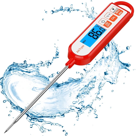 AikTryee Digital Cooking Thermometer, Waterproof and Long Stem for Bread Baking, Food and Water Temperature Measurement, Display with Backlit (Red)