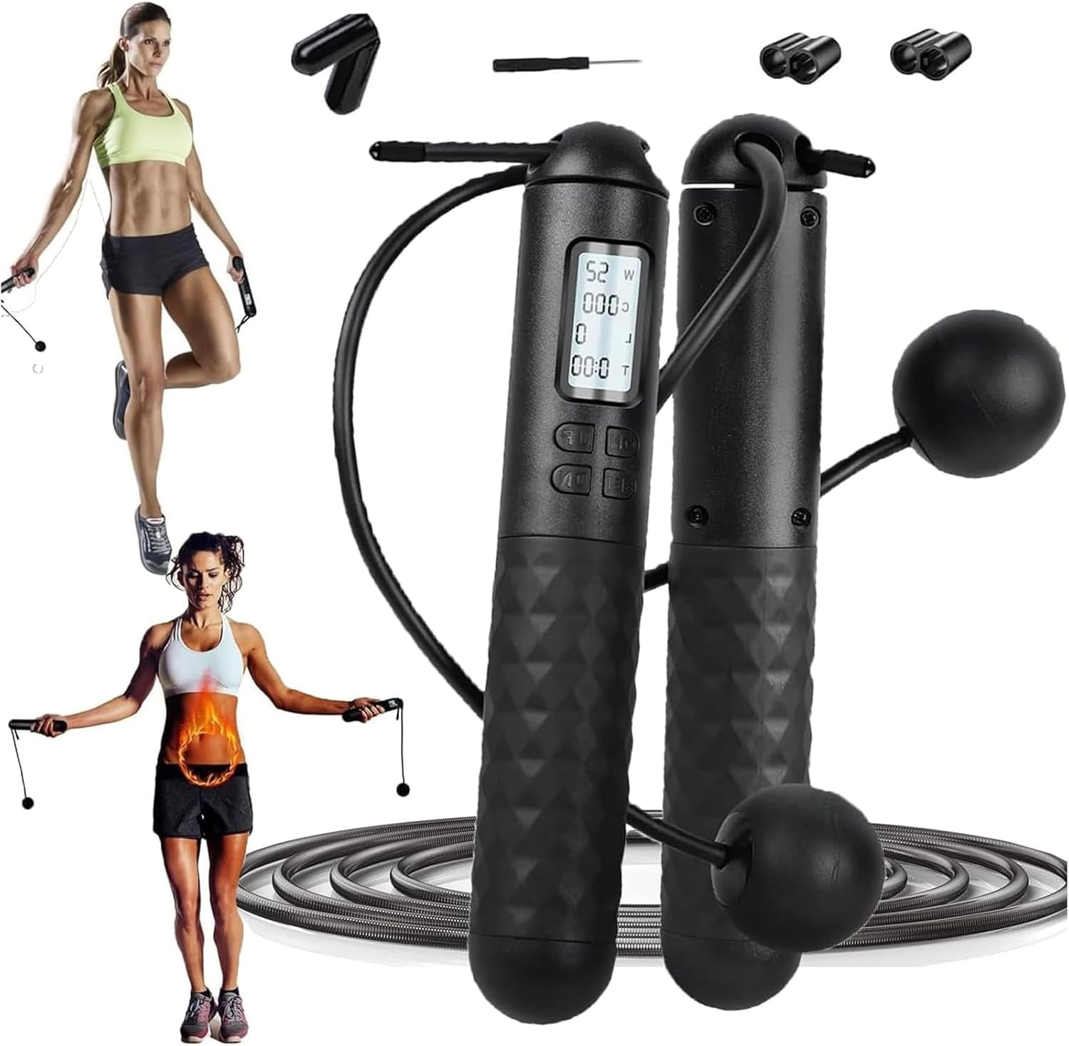 Digital Counting Jump Rope-Cordless & Rope 2 in 1 Weighted Skipping Rope with LCD Counter, Adjustable Fitness Jump Rope for Indoor Outdoor Workout, Black