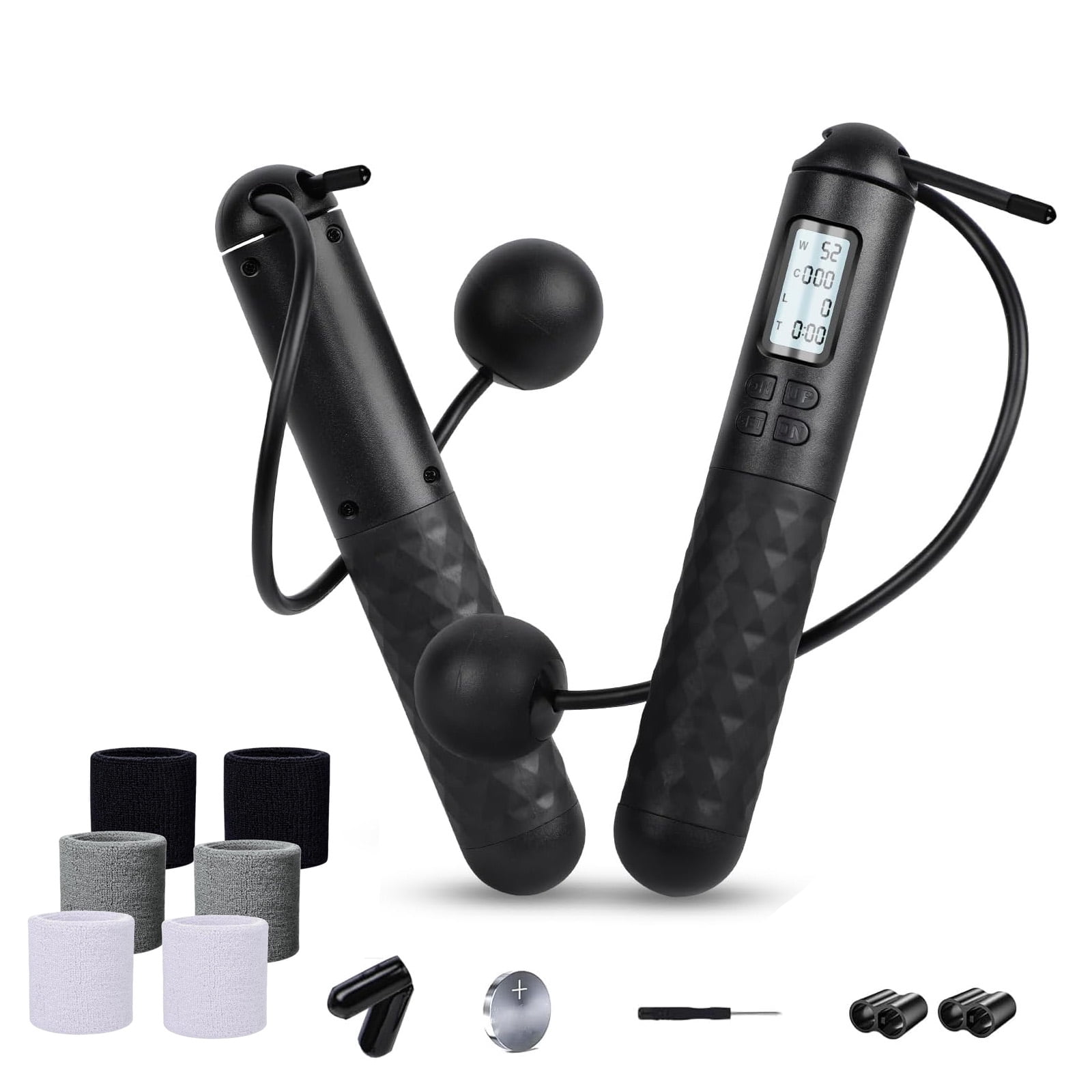 Digital Counting Jump Rope with Counter Includes 6 Breathable Sweat Wristbands for Men Women Fitness
