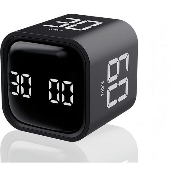 Digital Cube Pomodoro Desk Rechargeable Productivity 5/10/30/60min & Custom Countdown, Vibration & Adjustable Sound Alarm,for Task Work Kitchen ADHD Kids Studying (Black)