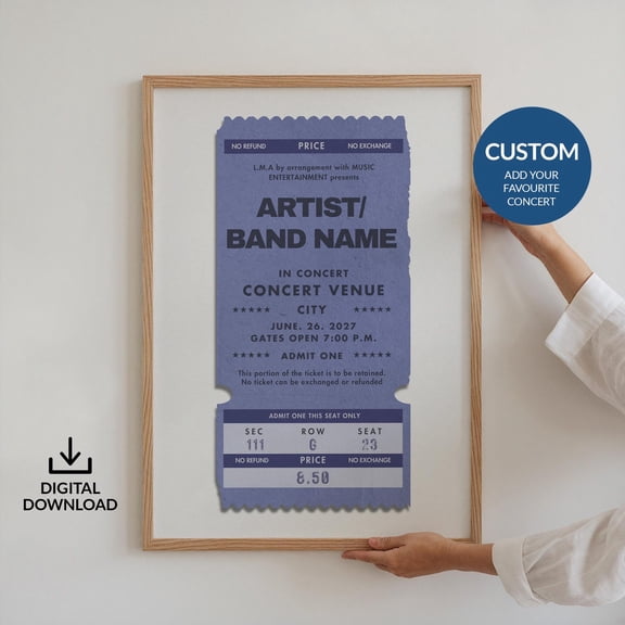 Digital Custom Concert Ticket Poster Blue Personalized Retro Memory Art Music 80s Gig Love