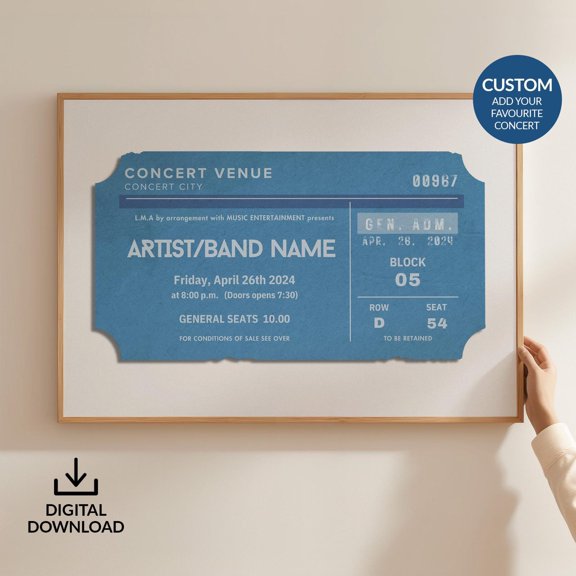 Digital Custom Concert Ticket Stub Poster Personalized Retro Memory Wall Art Landscape Blu