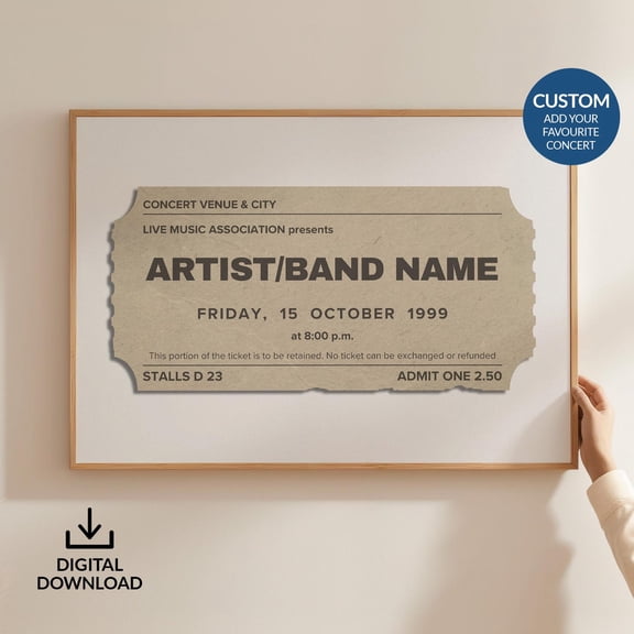 Digital Custom Concert Ticket Stub Poster Personalized Retro Wall Art Landscape Beige Musi