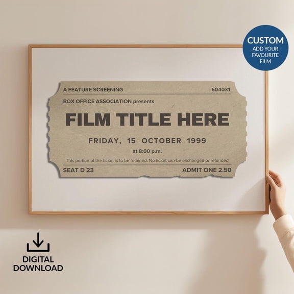 Digital Custom Movie Ticket Stub Poster Personalised Film Lover Gift Landscape Beige Art B