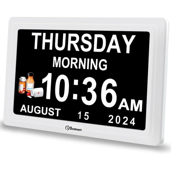 Digital Dementia Alarm Clock for Seniors Elderly, Electric Large Display Date Day of Week Time Calendar Clock 20 Reminders 3 Ringtones for Memory Loss Alzheimers, Auto DST/Dimmer, 1024*600P HD