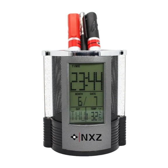 Digital Desk Clock, Alarm Clock for Office Home, Calendar and Temperature Function Clock, Mesh Desk Organizer, Pen Holder