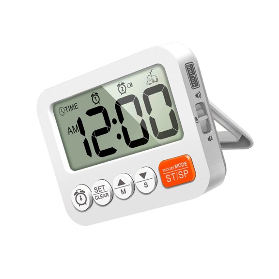 Digital Desk Timer Clock with 12 and 24 Hour Display, Low Reminder, Two Alarm Settings, Large LCD Screen, Placement for Home