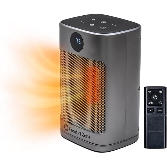 Digital Desktop Heater, 1500W/1000W, ECO Mode, Thermostat, Remote Control, 12H Timer, Tip-Over & Overheat Protection, Portable Electric Space Heater for Indoor Use, Silver