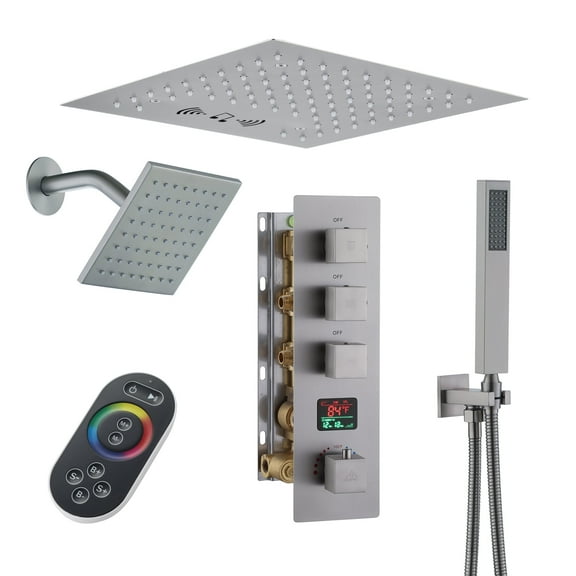 Digital Display 3 Function Shower Heads Single Handle 1-Spray Thermostatic Dual Shower Faucet 1.8GPM with LED & Music Shower System in Brushed Nickel